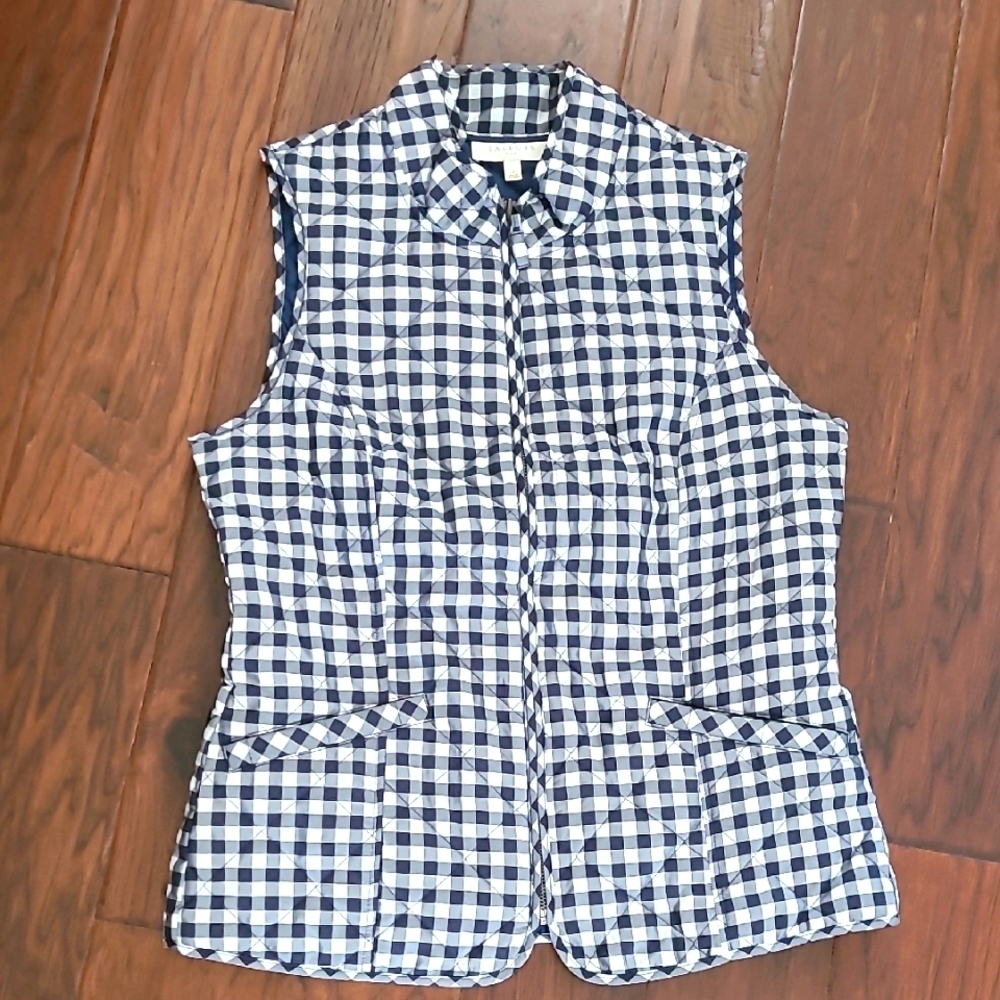 Talbots Navy Blue & White Gingham Quilted Zip Front Vest size Small